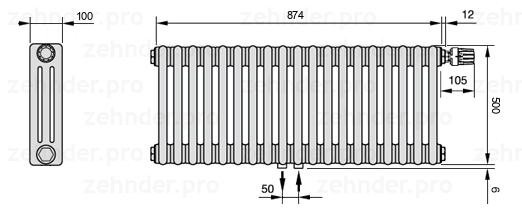 Схема (чертеж) Радиатор Zehnder Charleston 3050/19 №V008 Белый глянцевый RAL 9016